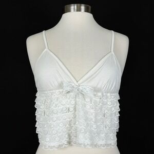 Women Coquette Soft Girl Y2K Ballet Babydoll Cami Sz M Cropped Lace Tiered White